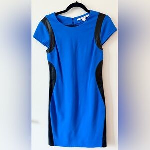 Diane Von Furstenberg Sheath Dress Leather Panel Black Blue | Women’s Size 6